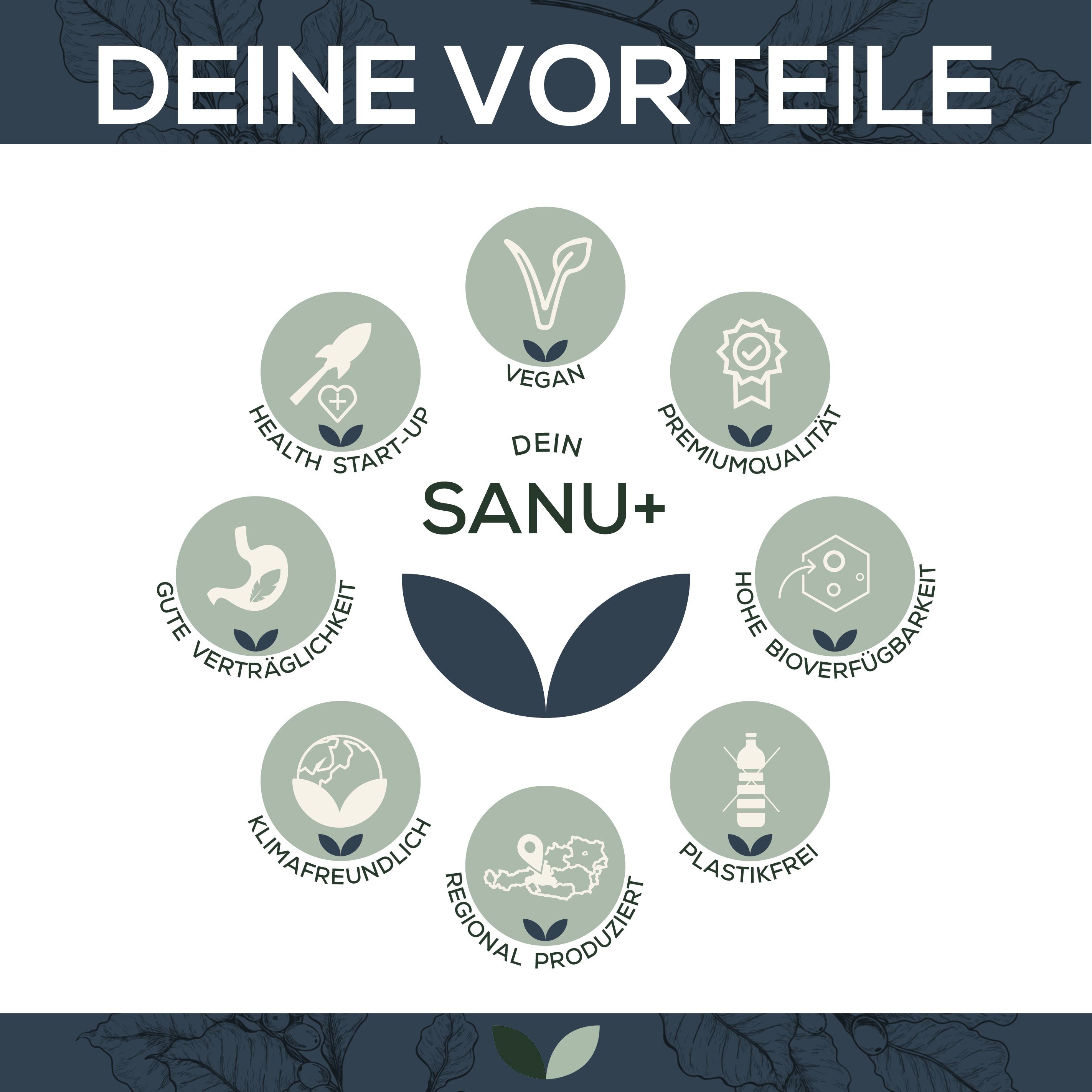 Infografik: Vorteile von Sanu+. Vegan, Premiumqualität, hohe Bioverfügbarkeit, klimafreundlich.