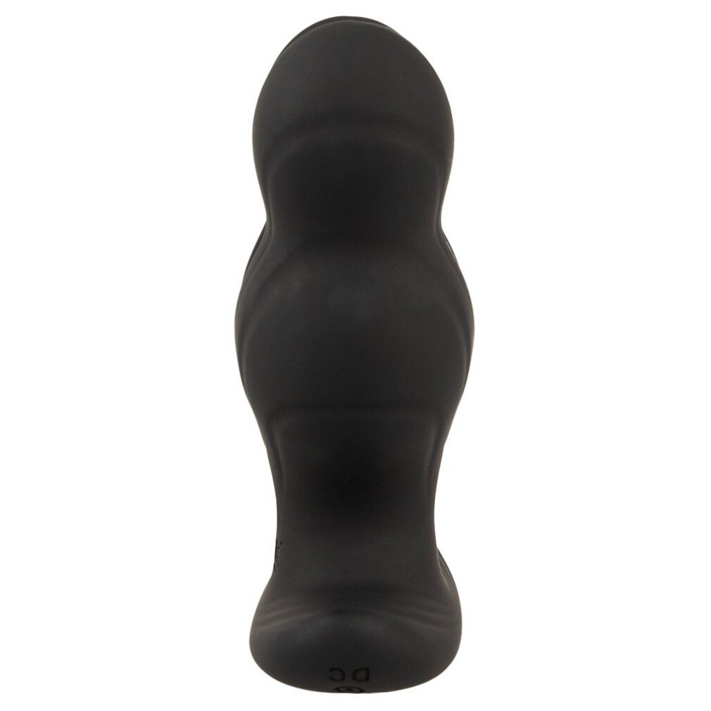 Schwarzer Analspreizer. Zylindrische Form mit geriffelter Oberfläche. DC-Markierung.