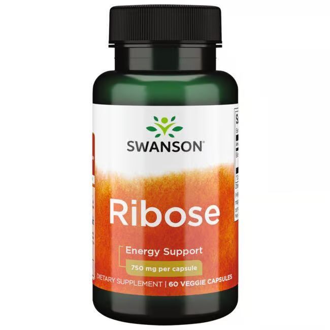 Grüne Flasche mit schwarzem Deckel. Aufkleber mit "SWANSON Ribose", "750 mg per capsule" und "60 Veggie Capsules".