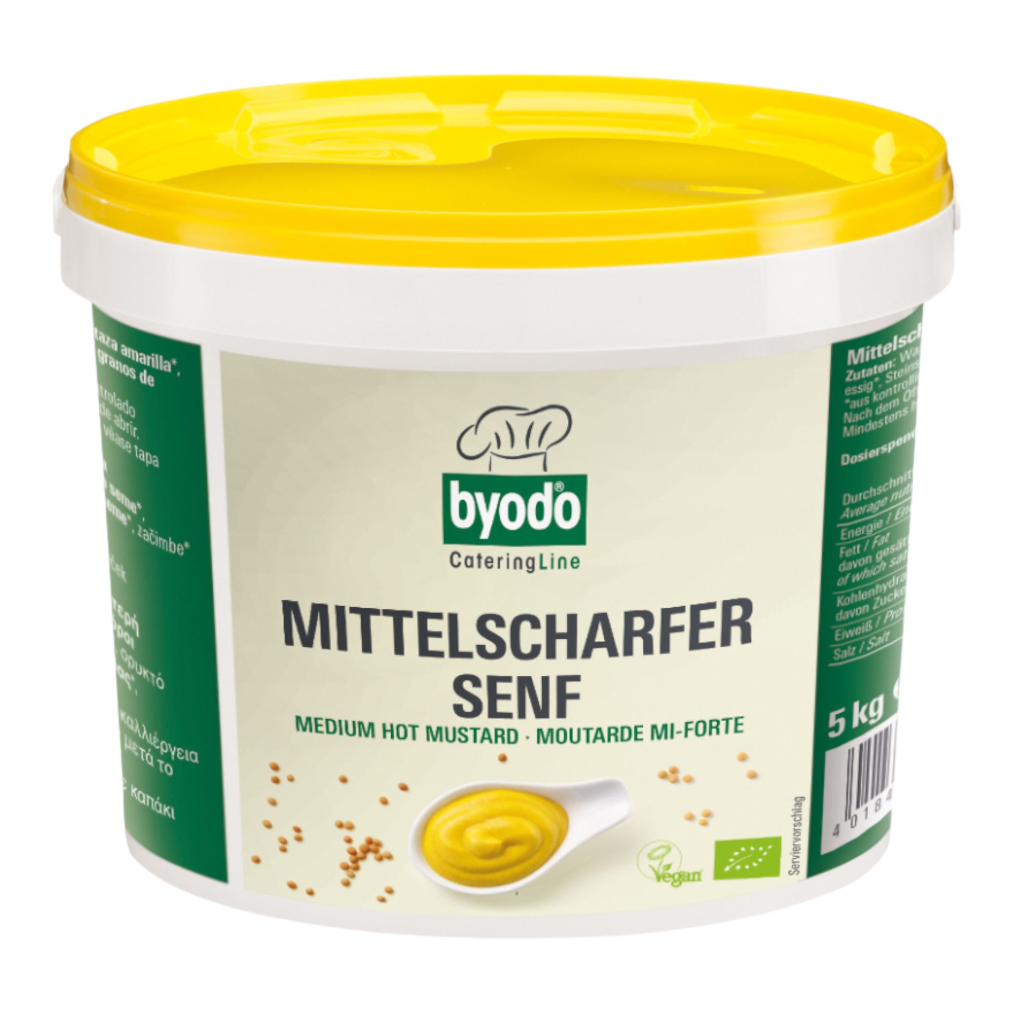 Byodo Mittelscharfer Senf in 5kg Eimer mit gelbem Deckel.
