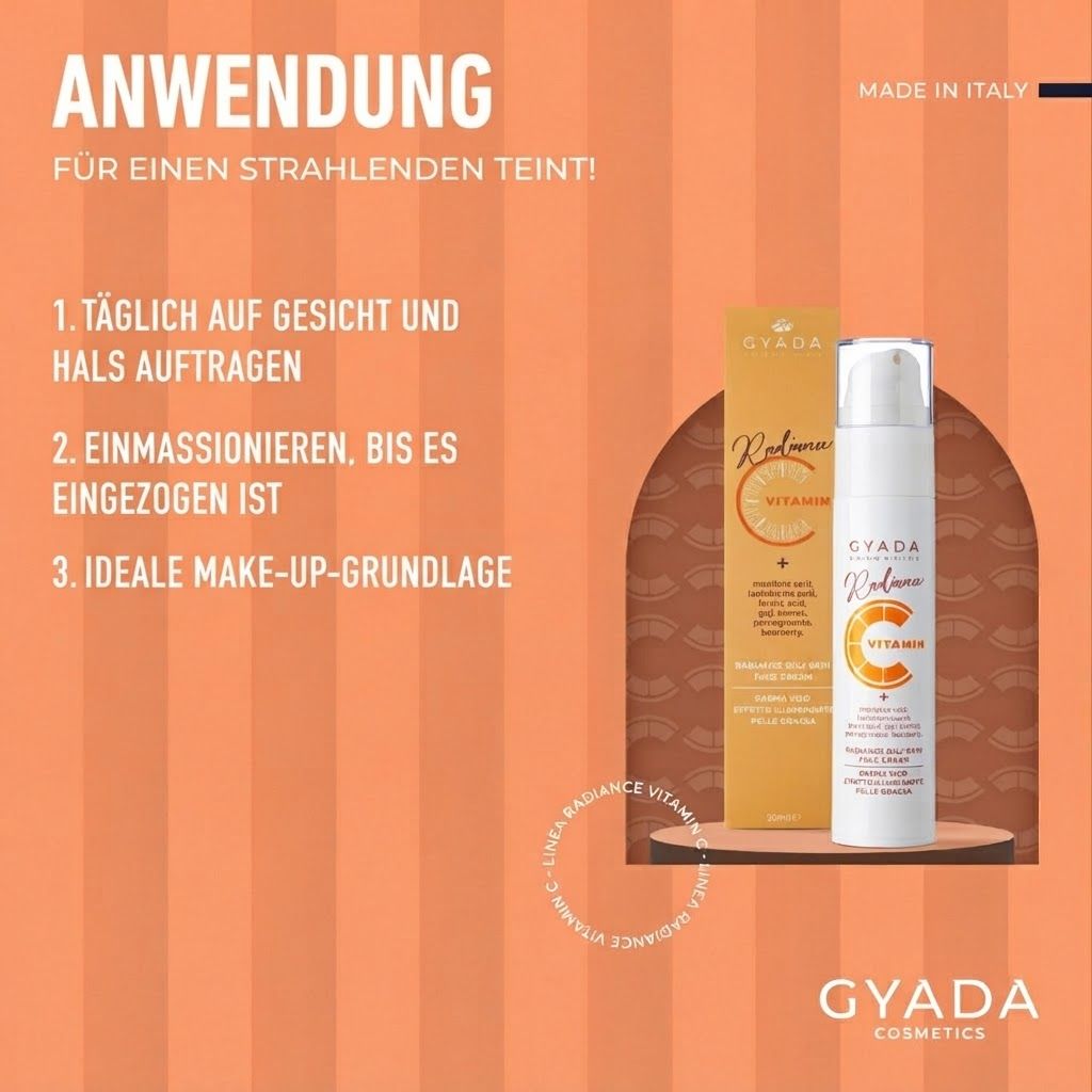 Gyada Radiance Vitamin C Gesichtscreme: Leichte Textur, schnelle Absorption, ebenmäßiger Teint.