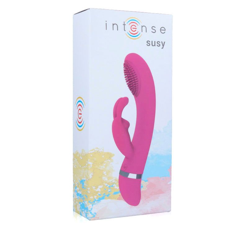 Verpackung mit rosa Vibrator. Aufschrift 'intense susy'. Produkt mit Hasenohren und strukturiertem Kopf.