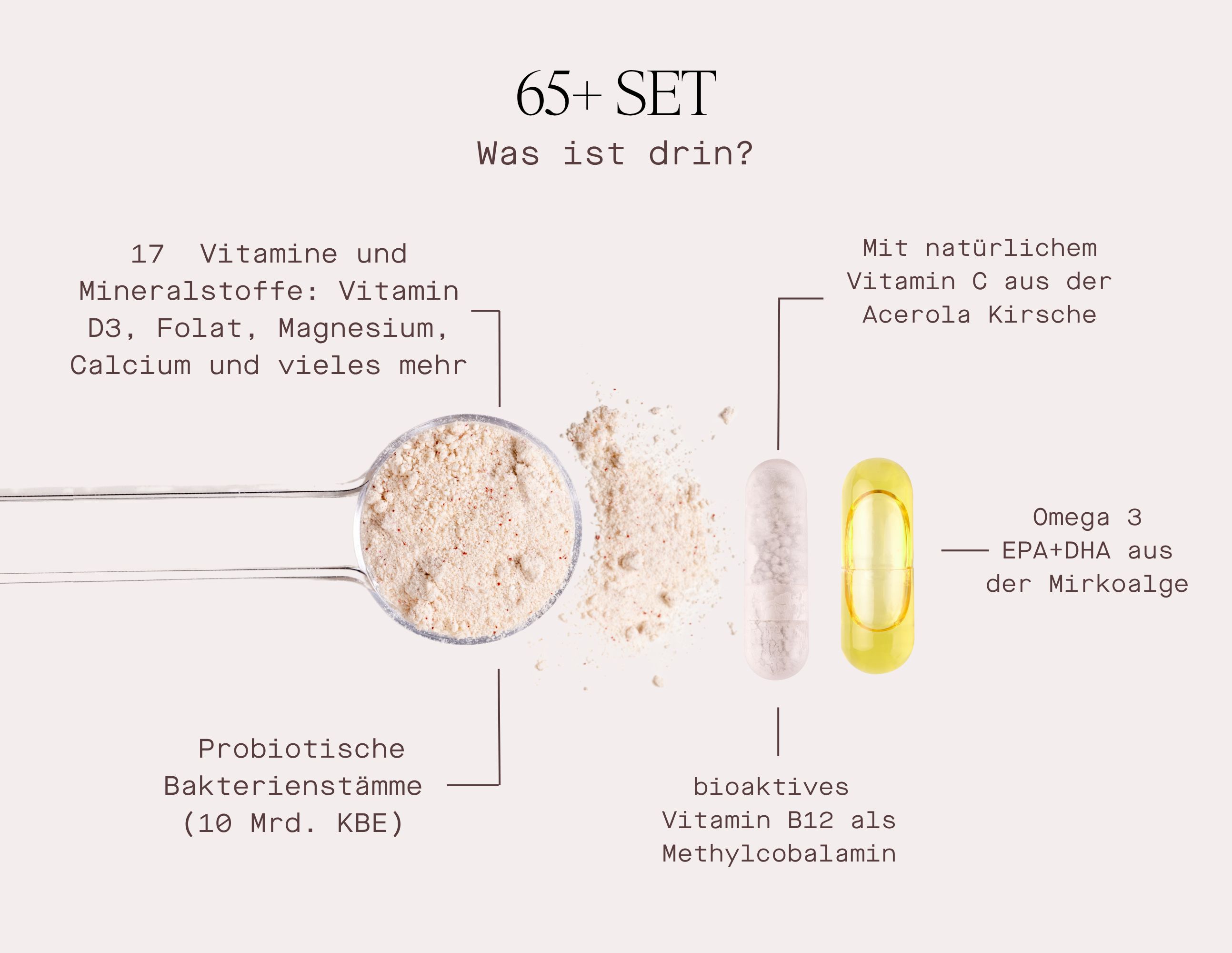Auf hellem Hintergrund: Löffel mit Pulver, Kapsel und gelbe Kapsel. Text: 65+ SET. 17 Vitamine und Mineralstoffe. Omega 3.