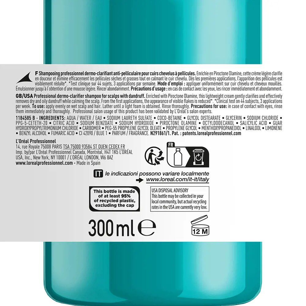 Rückseite einer türkisfarbenen Shampoo-Flasche. Text in mehreren Sprachen, darunter Inhaltsstoffe und Recyclinghinweise. 300 ml.