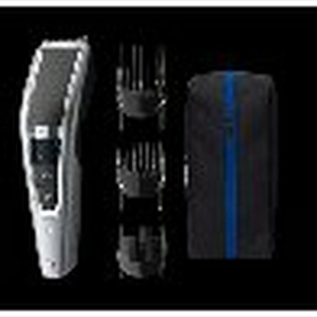 Philips Haarschneider mit drei Aufsätzen und einer schwarzen Tasche mit blauem Streifen. Silbernes und schwarzes Gerät.