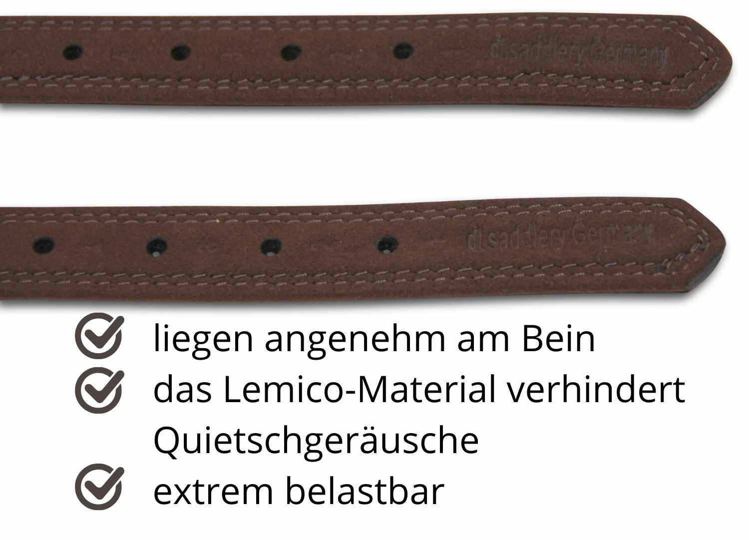Nahaufnahme von braunen Steigbügelriemen. Text: liegen angenehm am Bein, Lemico-Material verhindert Quietschen, extrem belastbar.