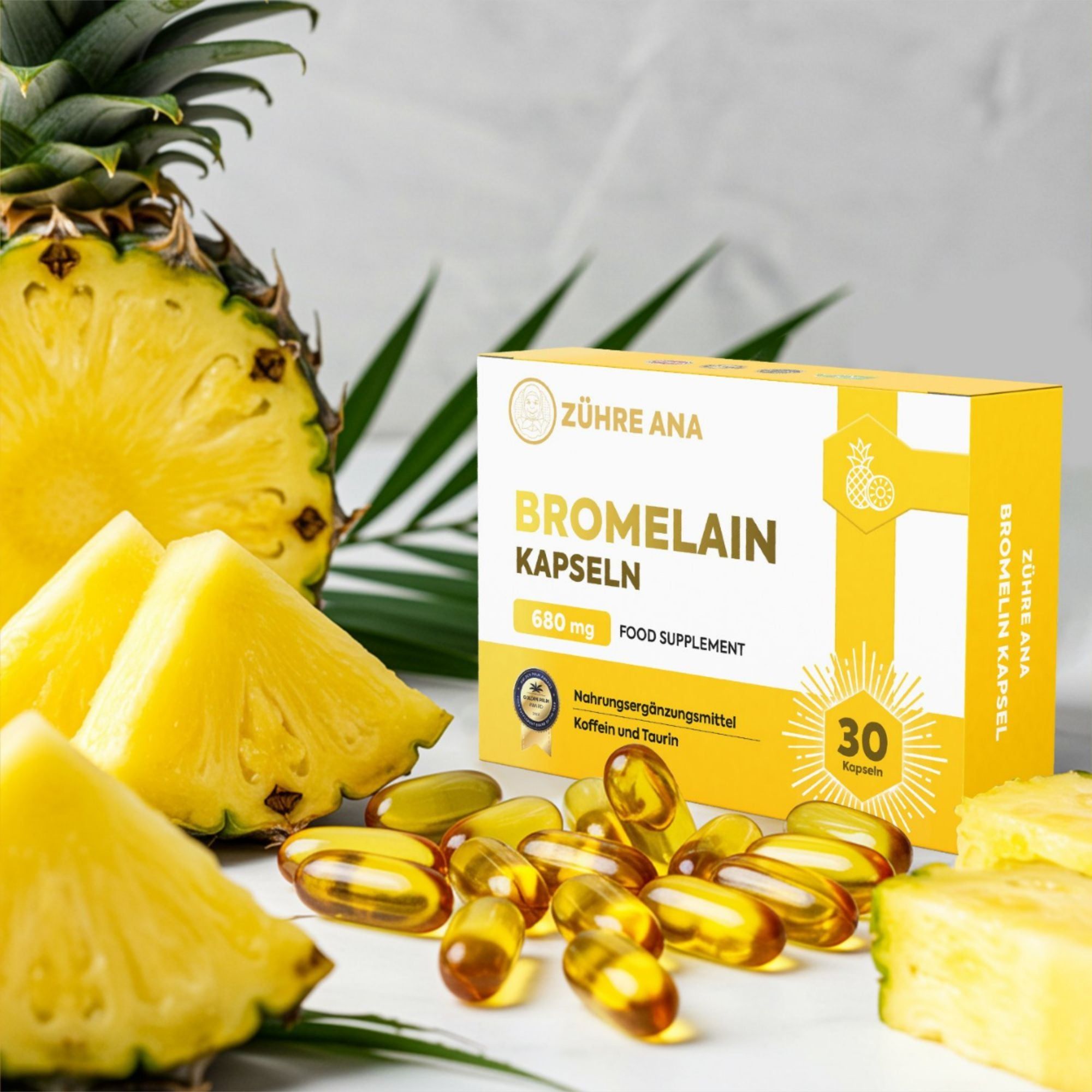 Zühre Ana Bromelain Kapseln: Gelbe Kapseln und eine Packung mit Ananas-Motiv. 680 mg pro Kapsel. Enthält 30 Kapseln.