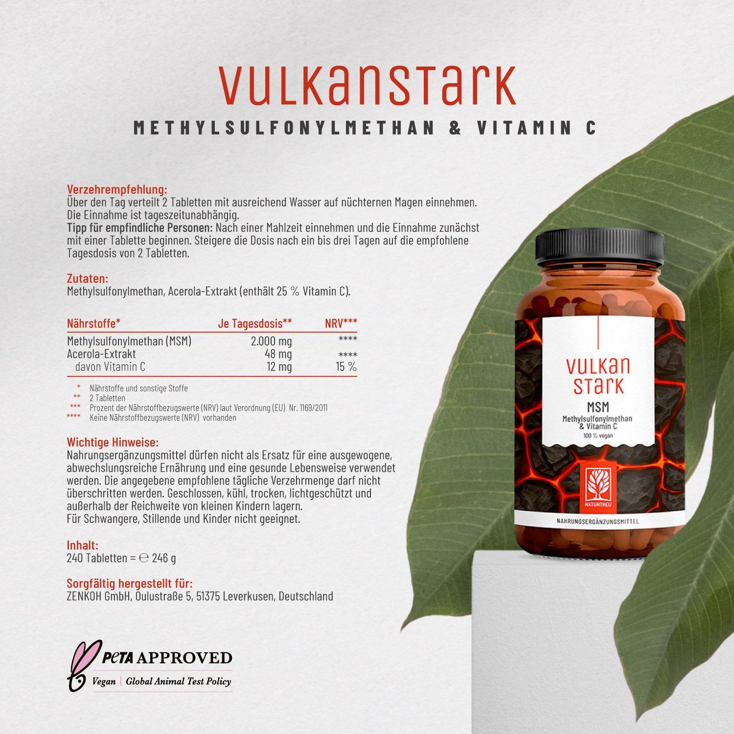 Braune Flasche VULKANSTARK mit Etikett. Text: Methylsulfonylmethan & Vitamin C. PETA-Siegel. Text: Nahrungsergänzungsmittel.