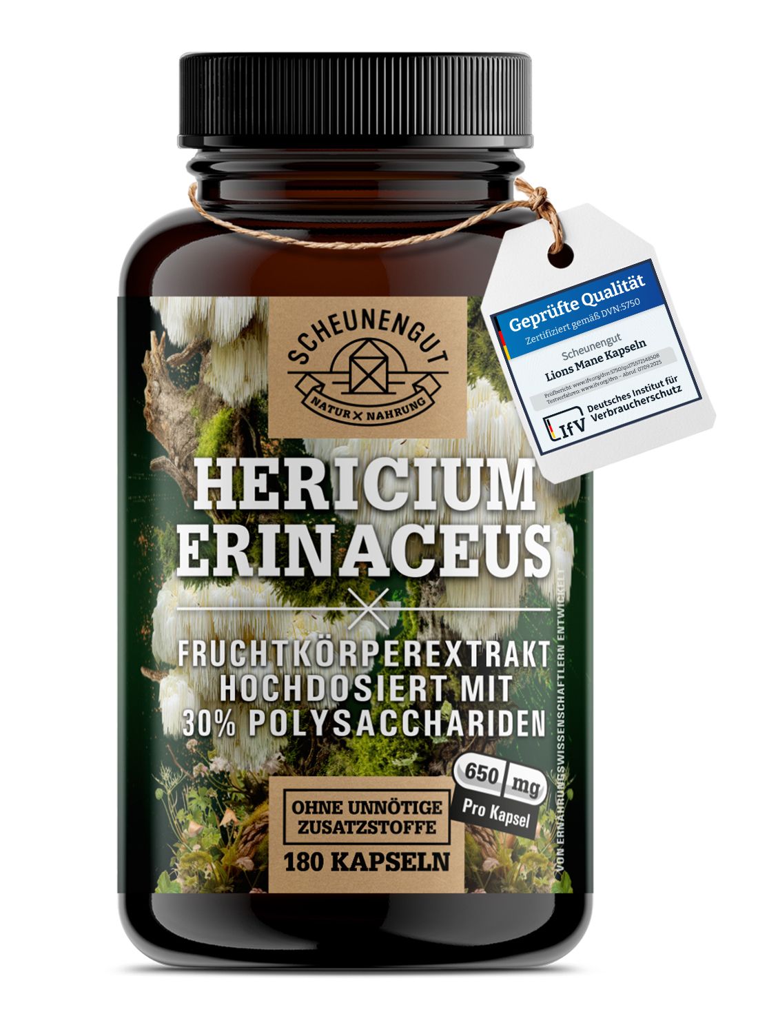 Braune Flasche mit Kapseln. Text: Hericium Erinaceus, 30% Polysaccharide, 180 Kapseln. Anhänger: Geprüfte Qualität.