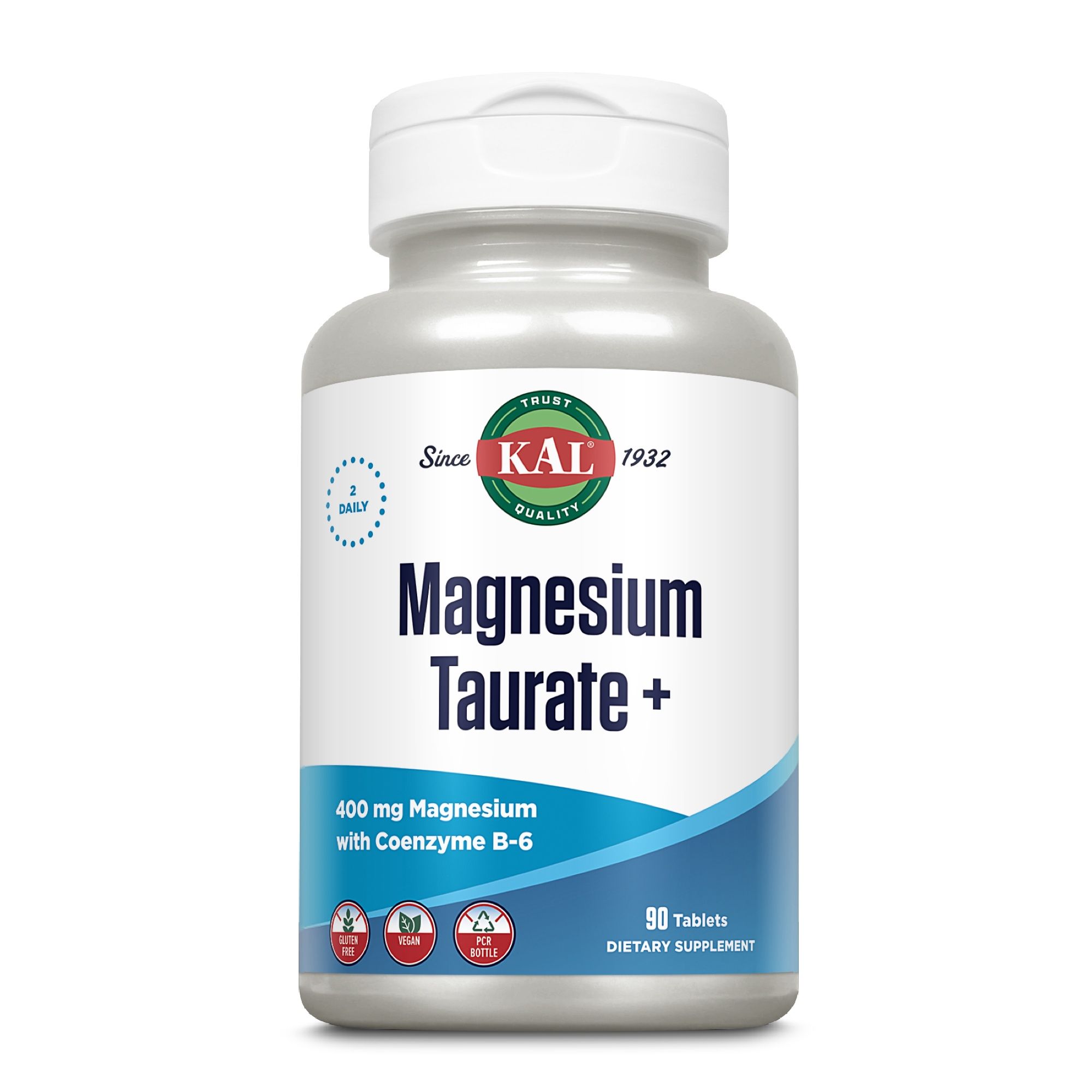 Weißes Fläschchen mit KAL Magnesium Taurat +. Aufschrift: 400 mg Magnesium, Coenzym B-6, 90 Tabletten. Logos: Vegan, glutenfrei, ohne Gentechnik.