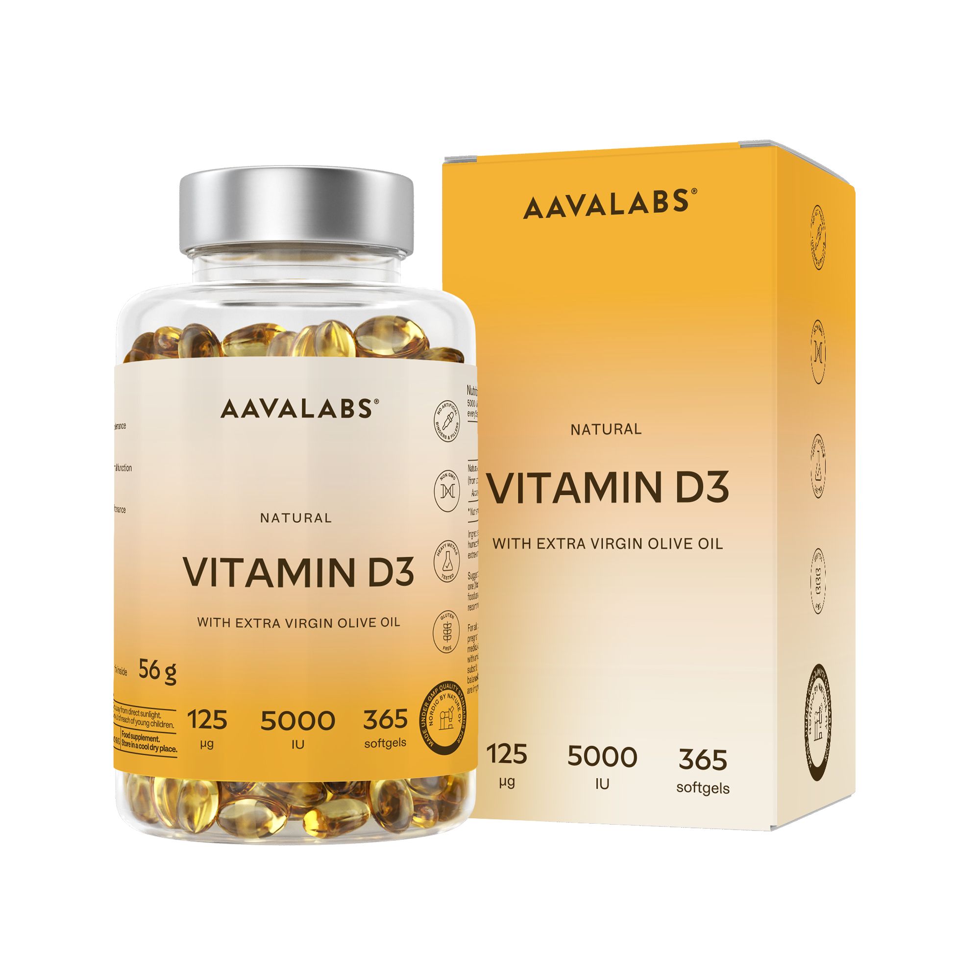 Flasche und Karton mit Aavalabs Vitamin D3 Softgels, 5000 IE, 365 Stück.