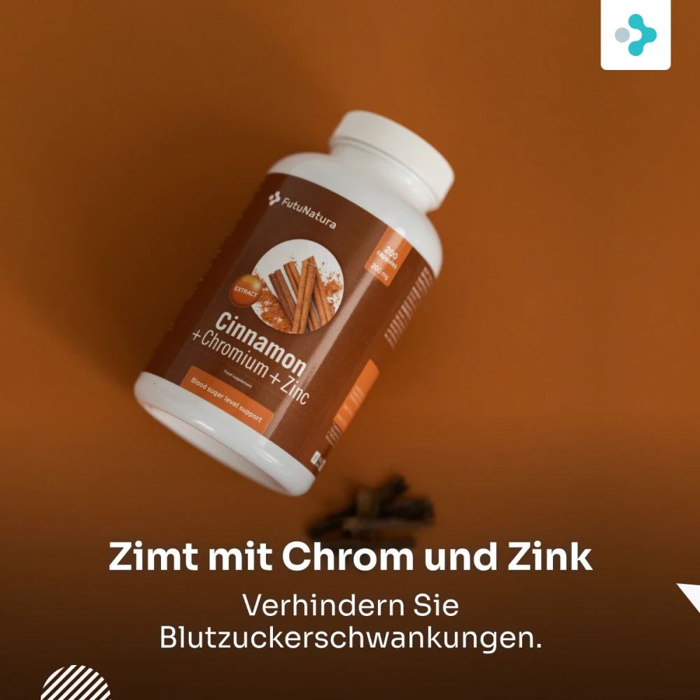 Flasche mit Zimt-Extrakt, schräg von oben fotografiert. Aufschrift: Cinnamon + Chromium + Zinc. Brauner Hintergrund.