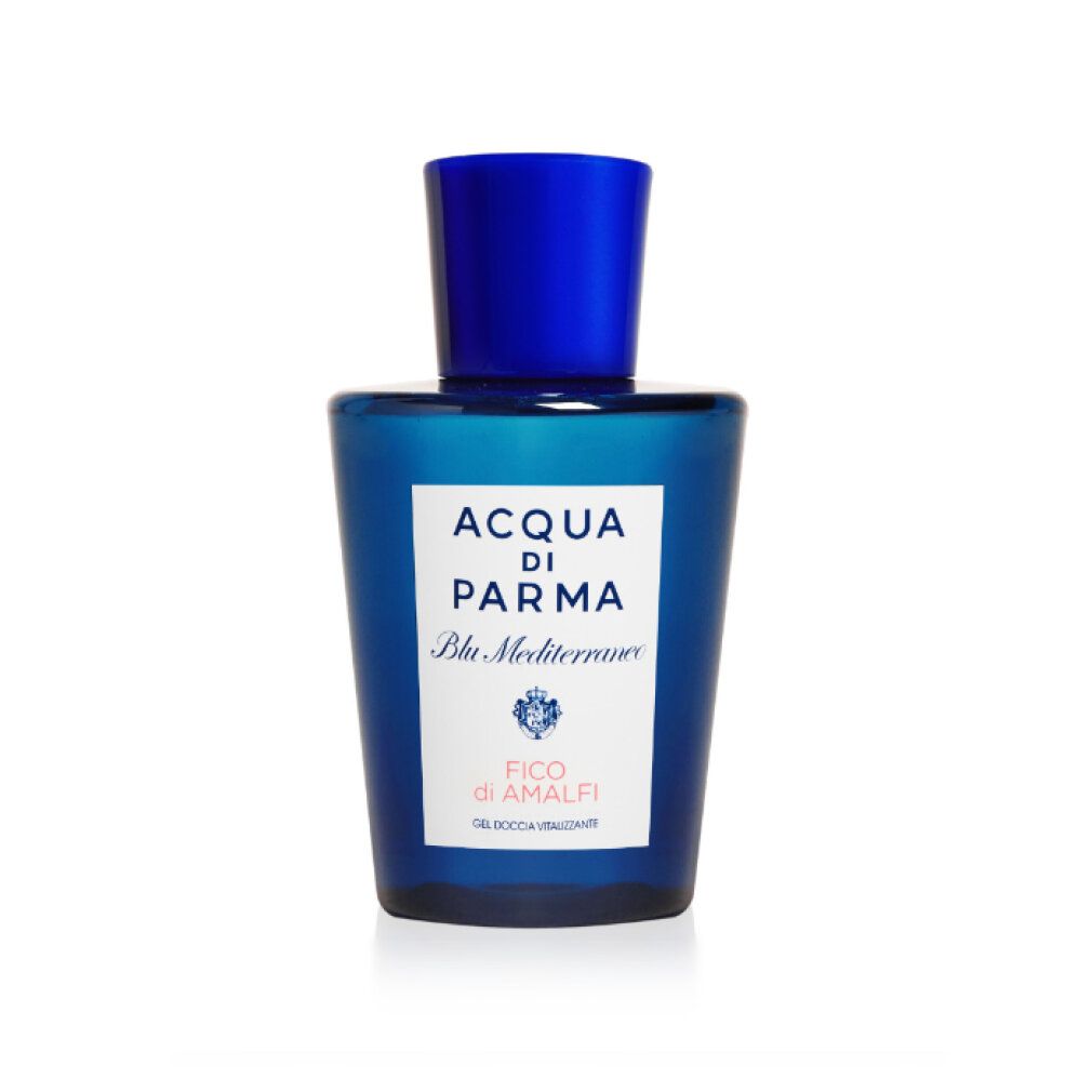 Blau getönte Flasche mit blauem Deckel. Auf weißem Etikett: Acqua di Parma, Blu Mediterraneo, Fico di Amalfi. Gel-Text.