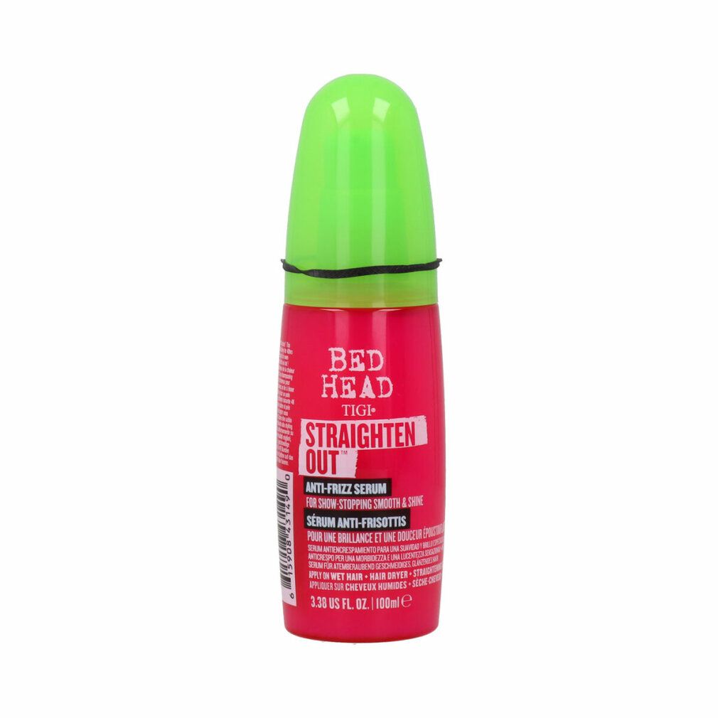 Rote Flasche mit grünem Deckel. Text: Bed Head TIGI Straighten Out Anti-Frizz Serum. Schwarzer Ring am Flaschenhals.