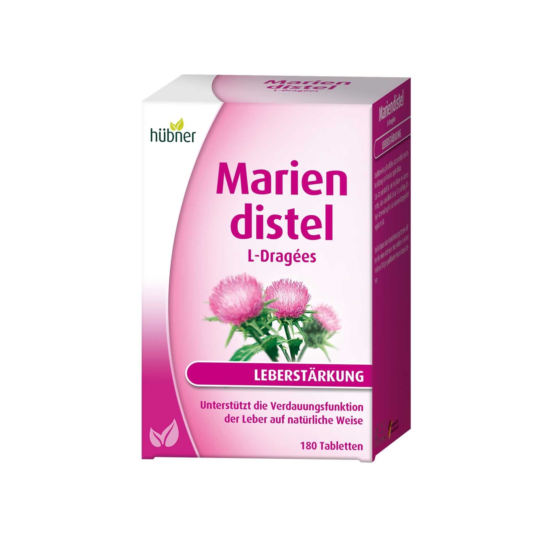 Verpackung von Hübner Mariendistel L-Dragées. Rosa-weißes Design mit Produktnamen und Abbildung einer Distelblüte. Enthält 180 Tabletten.