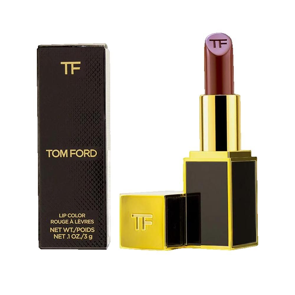 Lippenstift und Verpackung. Schwarze Verpackung mit goldfarbenem TF-Logo und Schriftzug TOM FORD. Bordeauxfarbener Lippenstift.