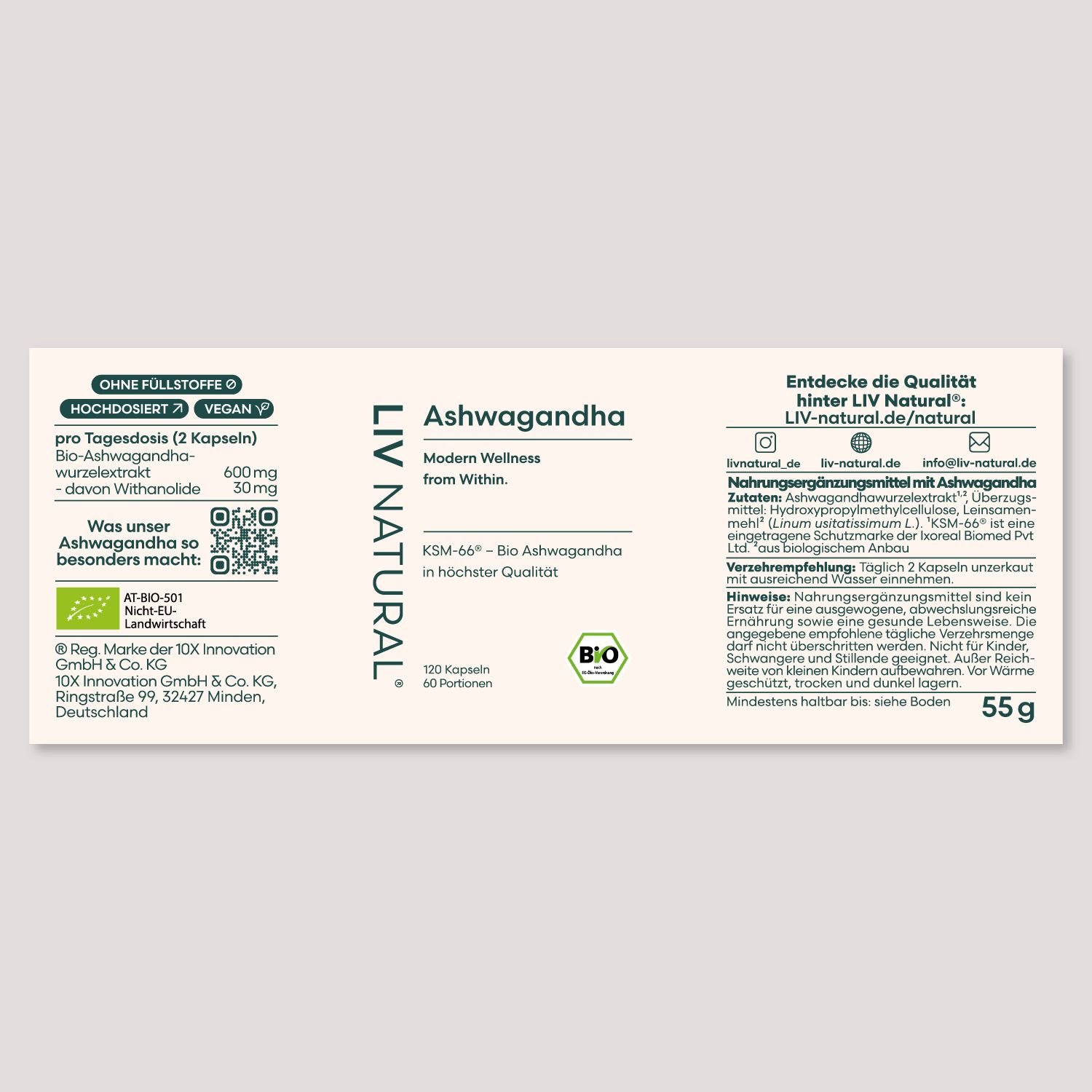 Produktetikett mit Informationen zu Ashwagandha-Kapseln. Enthält Angaben zu Inhaltsstoffen, Dosierung und Zertifizierungen.