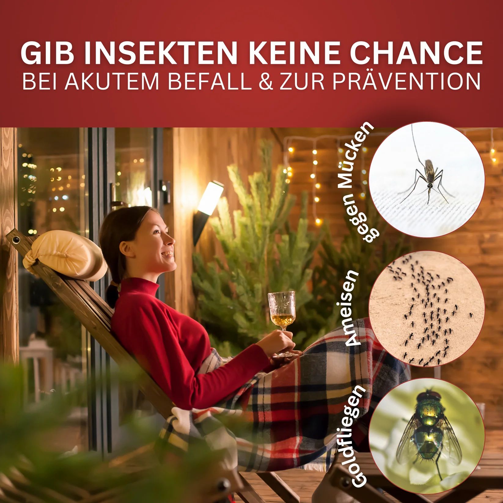 Frau sitzt entspannt auf einer Liege im Freien. Im Hintergrund sind Insekten abgebildet.