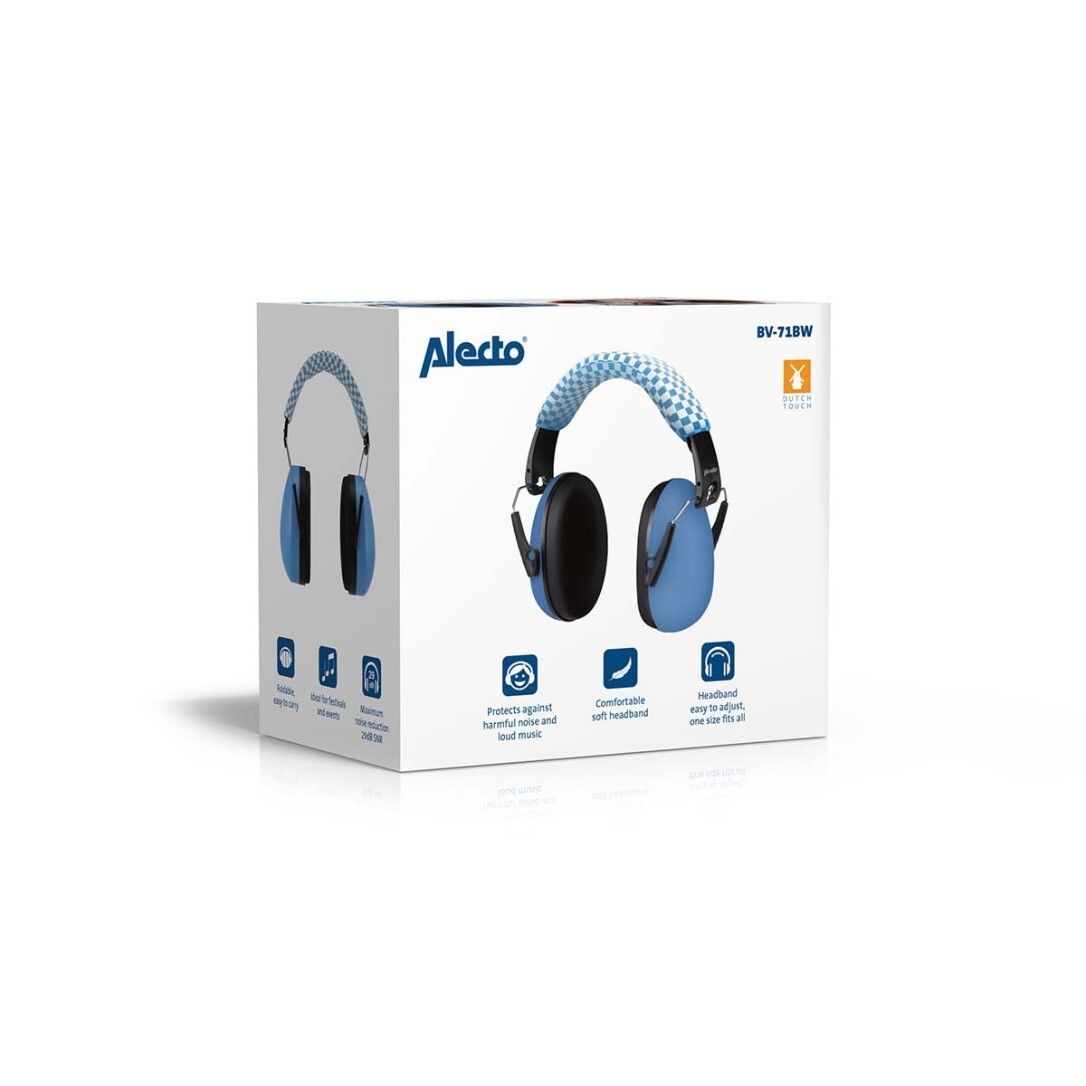 Verpackung für Gehörschutz für Babys und Kinder. Marke ALECTO. Blau, schwarz und weiß.