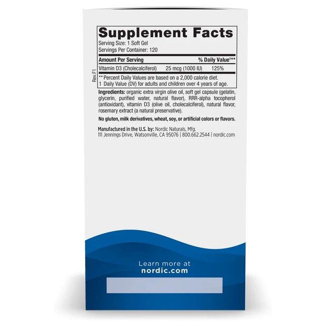 Rückseite einer Nordic Naturals Vitamin D3 1000 I.E. Softgel-Packung mit Nährwertangaben und Inhaltsstoffen.