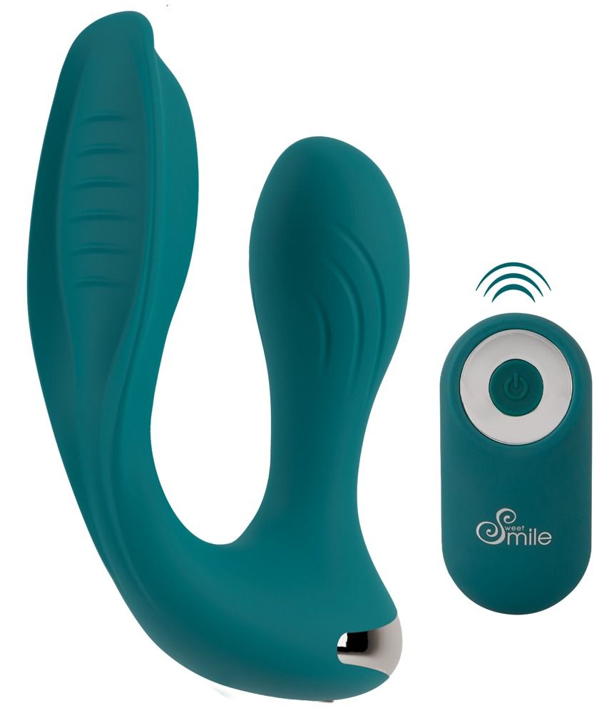 Türkisfarbener Vibrator mit Fernbedienung. Der Vibrator hat eine geschwungene Form mit zwei Enden. Die Fernbedienung ist rund.