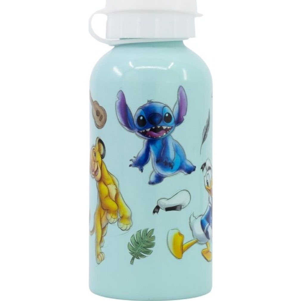 Hellblaue Trinkflasche mit Disney-Figuren: Stitch, Simba und Donald Duck. Weißer Deckel. Aluminium-Trinkflasche.