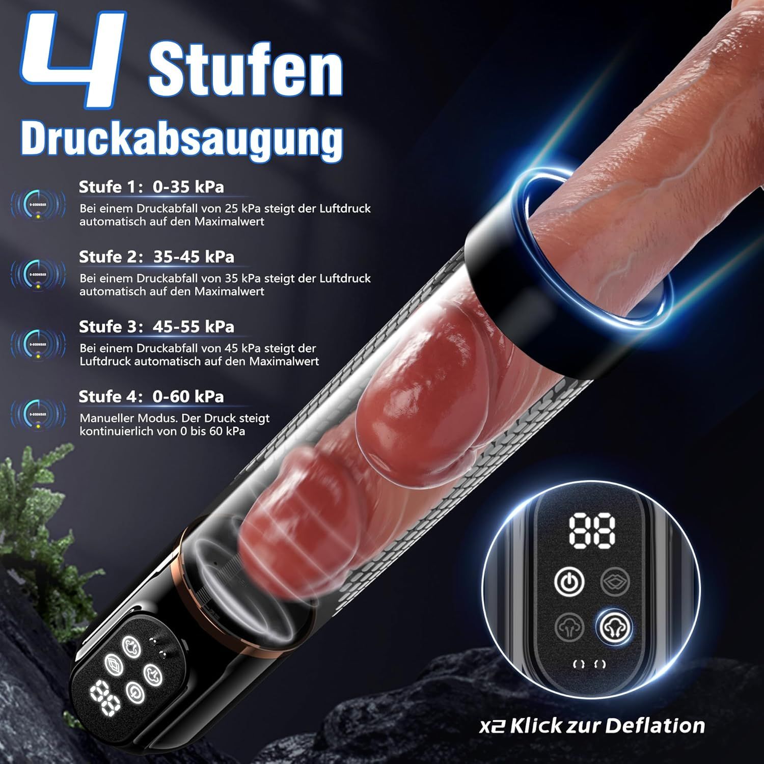 Pumpe mit digitalem Display und Text. Zeigt 4 Druckstufen. Schwarzes Gehäuse mit goldenen Akzenten.