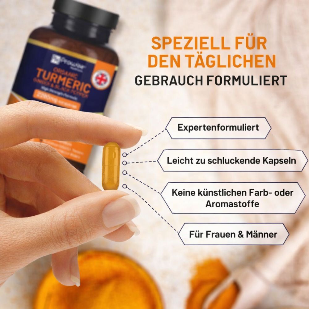 Hand hält gelbe Kapsel. Text: Expertenformuliert, leicht zu schluckende Kapseln, keine künstlichen Farb- oder Aromastoffe.