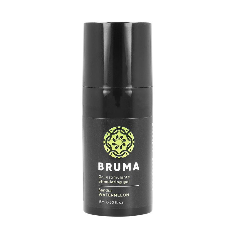 Schwarze Flasche mit Etikett. Text: Bruma, Gel estimulante, Wassermelone, 15ml.