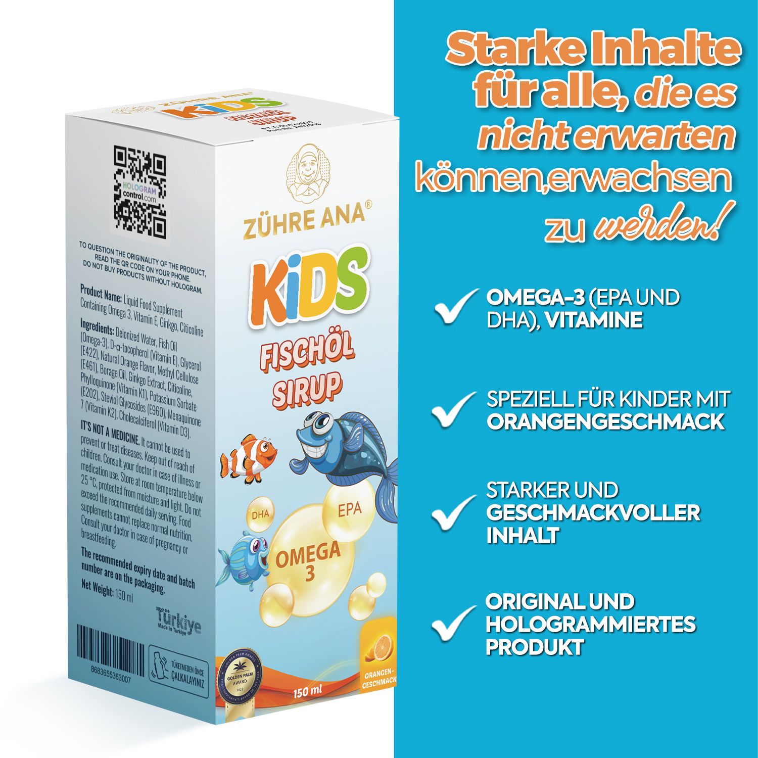 Verpackung von Fischöl-Sirup. Enthält Omega-3, speziell für Kinder mit Orangengeschmack. Hologramm-Produkt.