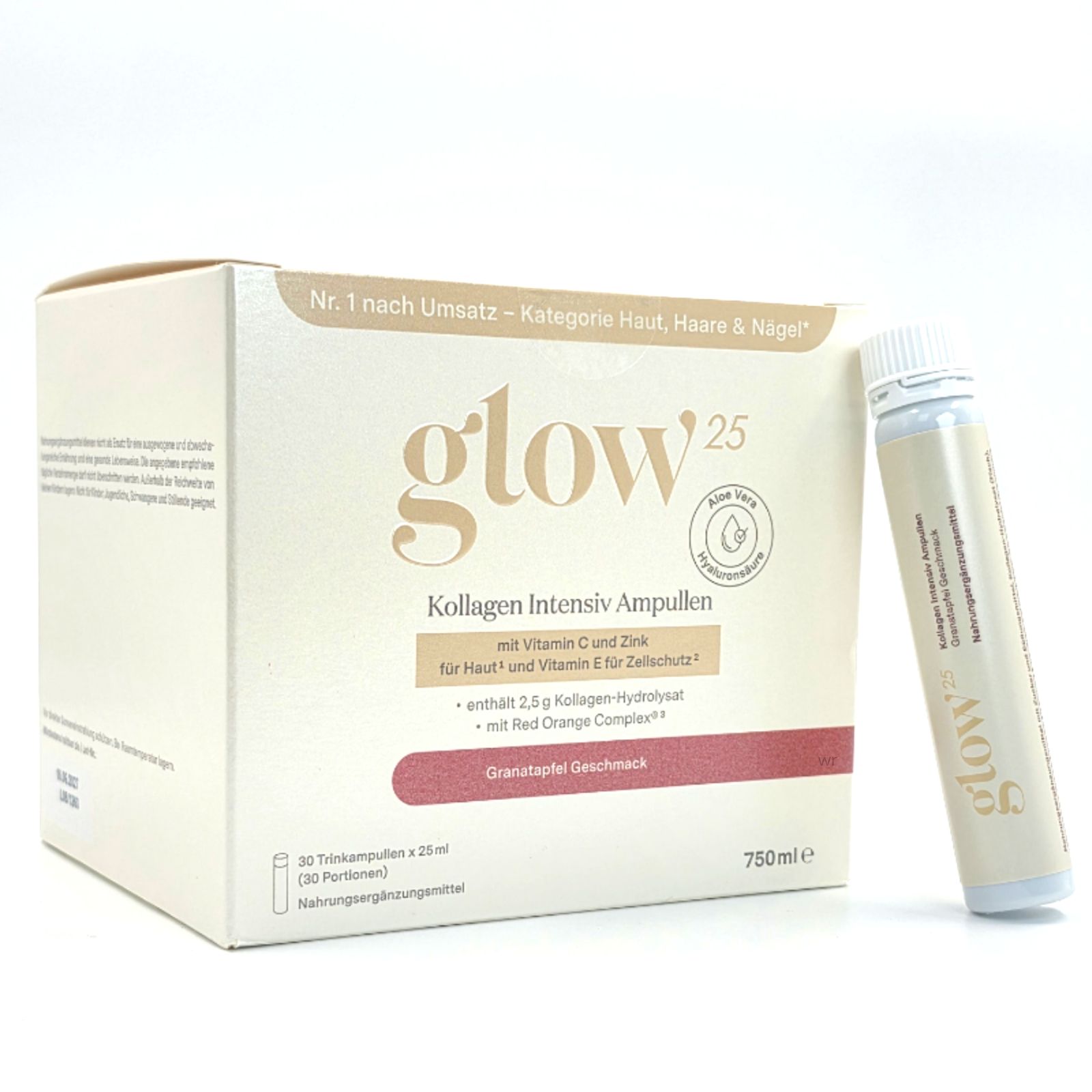 Glow25 Kollagen Intensiv Ampullen Packung mit einer einzelnen Trinkampulle daneben. Granatapfel Geschmack.