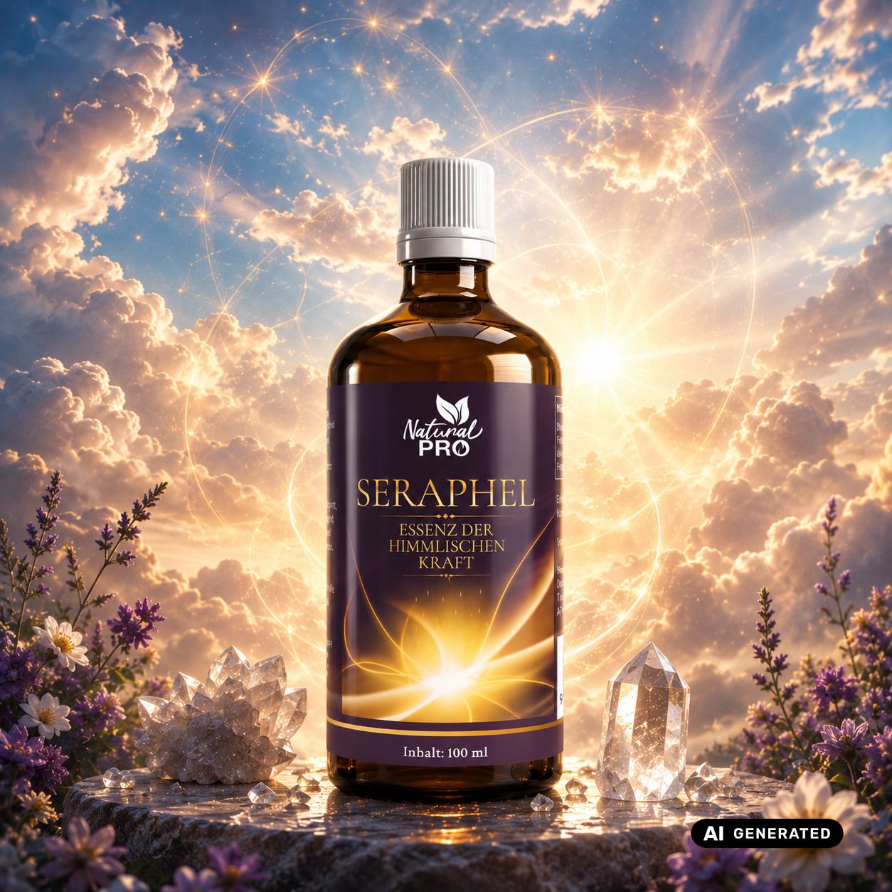 Braune Glasflasche mit Seraphel Essenz der Himmlischen Kraft vor einem dramatischen Himmel mit Wolken und Lichtstrahlen.