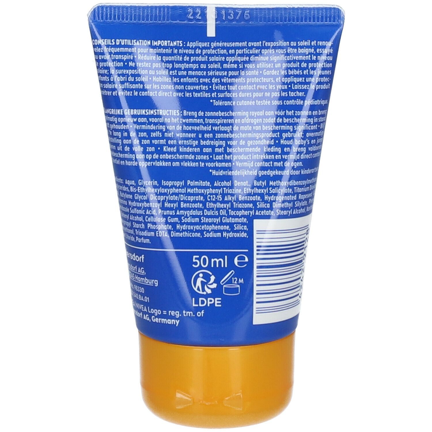 Rückseite der blauen Tube NIVEA Sun Kids To Go. Inhaltsstoffe und Anwendungshinweise. 50ml.
