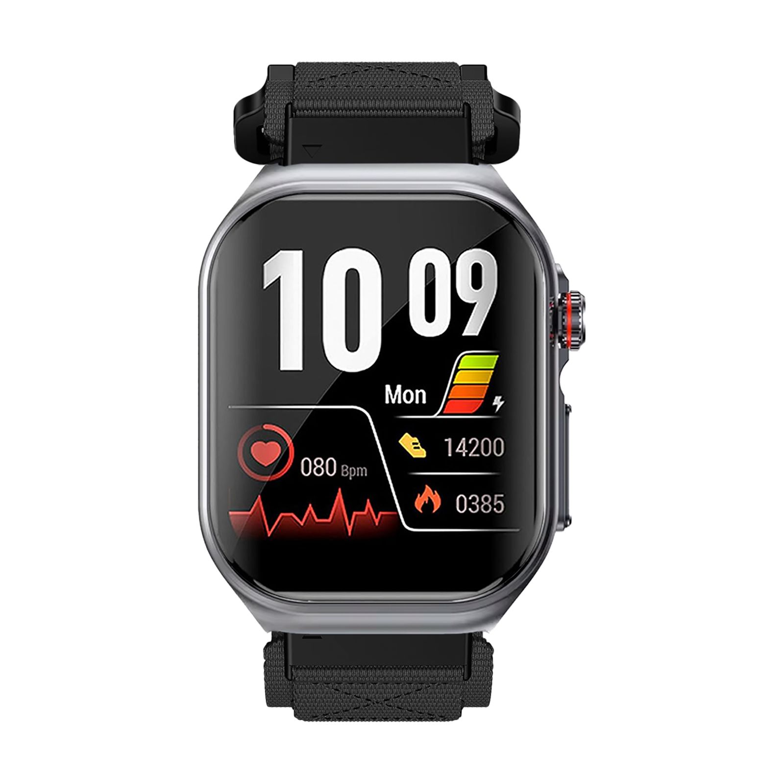 Smartwatch mit schwarzem Textilarmband. Das Display zeigt Uhrzeit, Datum, Herzfrequenz und Kalorien an.