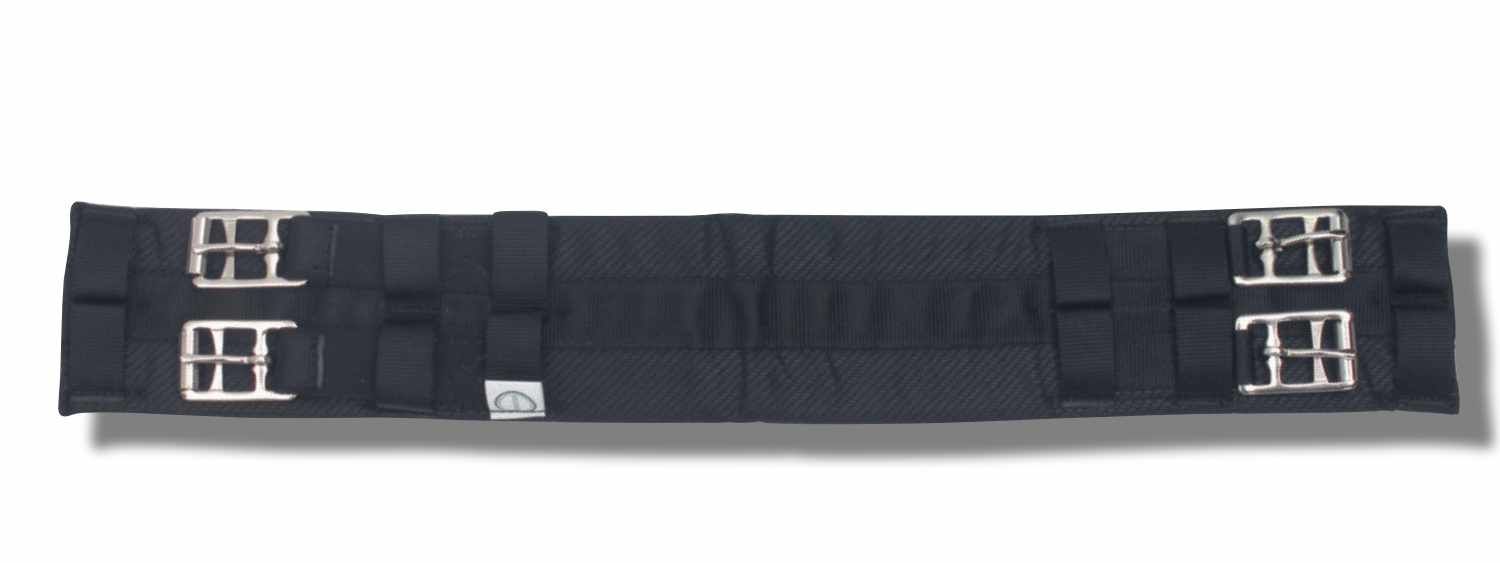 Schwarzer Sattelgurt mit silbernen Schnallen und Gurten.