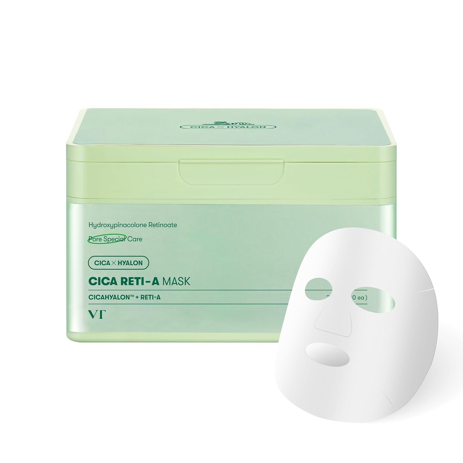 Grüne Verpackung und Maske. Text: CICA RETI-A MASK. Maske mit Augen-, Nasen- und Mundöffnungen. Weiße Farbe.