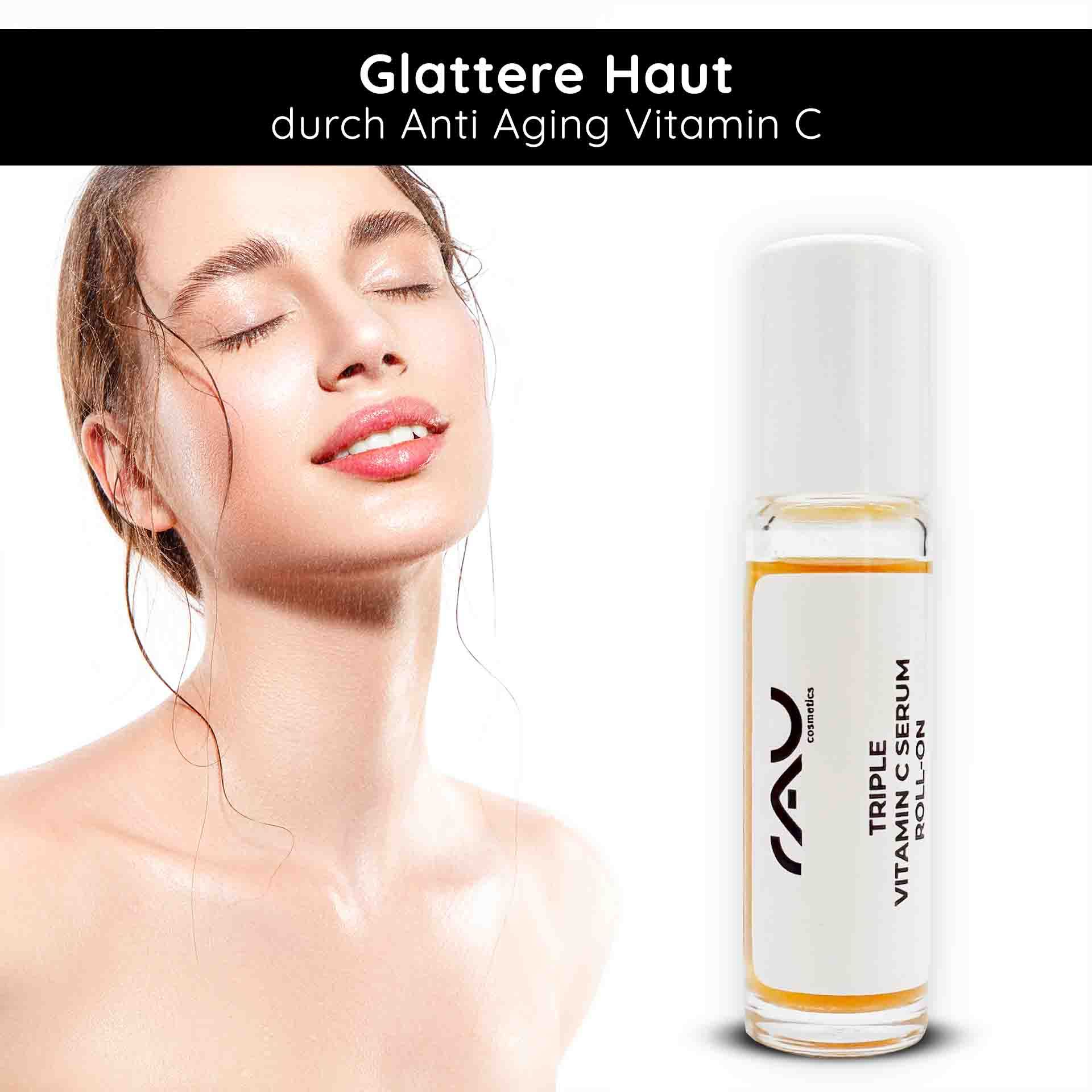 Frau mit geschlossenen Augen. Produkt: RAU Cosmetics Triple Vitamin C Serum Roll-On.