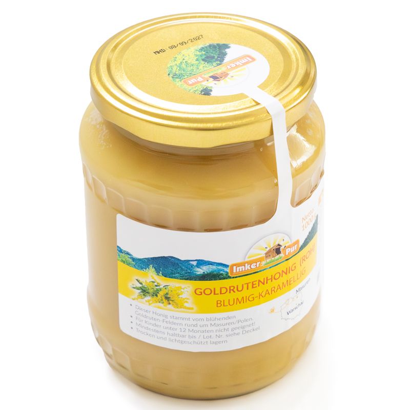 Glas Honig mit Etikett, Goldrutenhonig (roh), auf weißem Hintergrund. Deckel goldfarben.