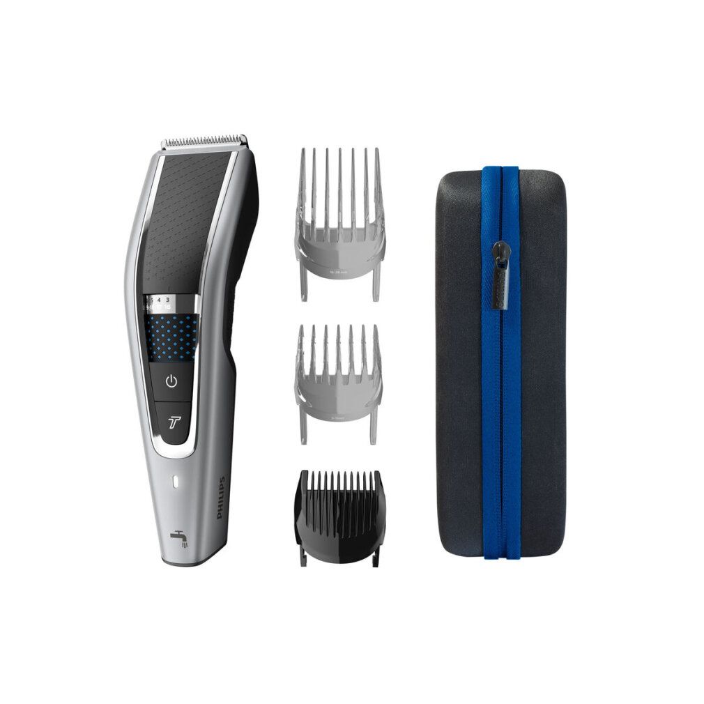 Verpackung Philips Haarschneider Series 5000. Enthält Haarschneider, Aufsätze und Zubehör. Text: Fast even haircut, Series 5000, Hair Clipper.