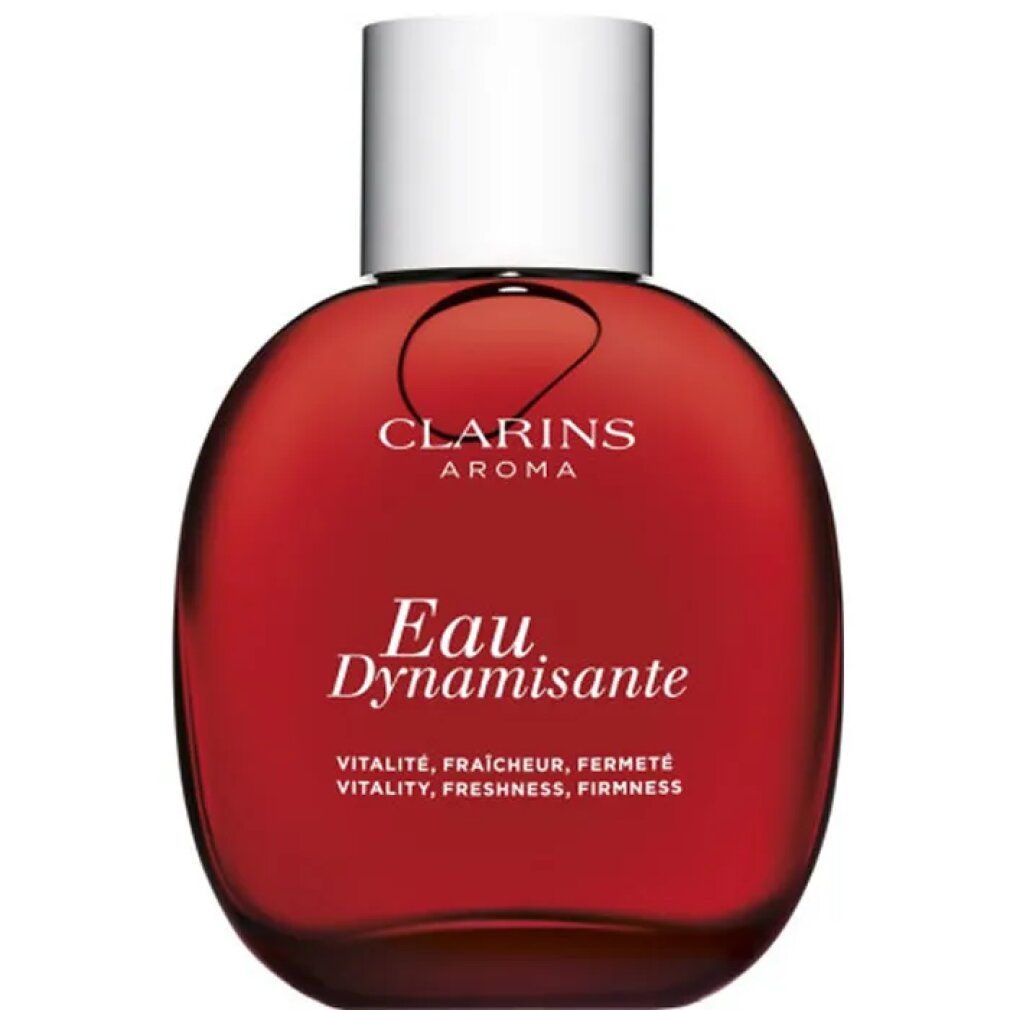 Rote Flasche Clarins Aroma Eau Dynamisante. Weißer Verschluss. Aufschrift: Eau Dynamisante, Vitalité, fraîcheur, fermeté.