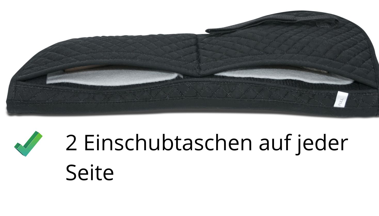 Schwarzes Pad mit zwei Einschubtaschen. Text: 2 Einschubtaschen auf jeder Seite.