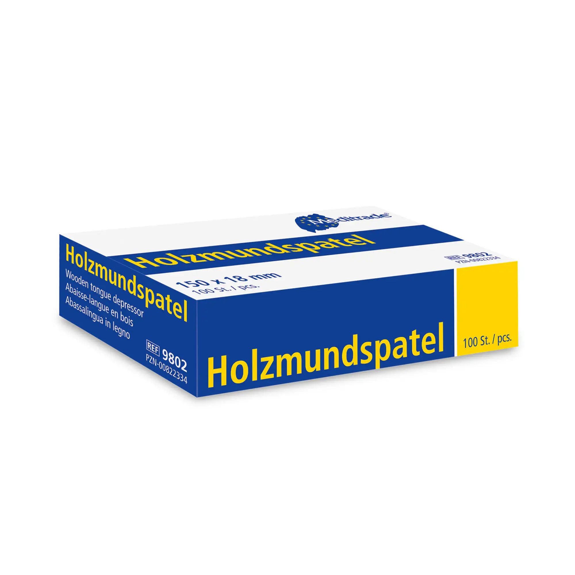 Schachtel mit Aufschrift Holzmundspatel, 150 x 18 mm. Holzmundspatel, 100 Stk. pro Packung. Blaue und gelbe Verpackung.