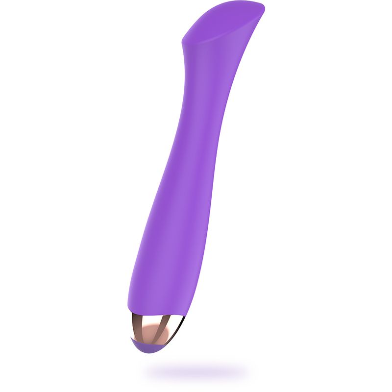 Lila Vibrator aus Silikon. Geschwungene Form, goldfarbene Spitze. Glatte Oberfläche.