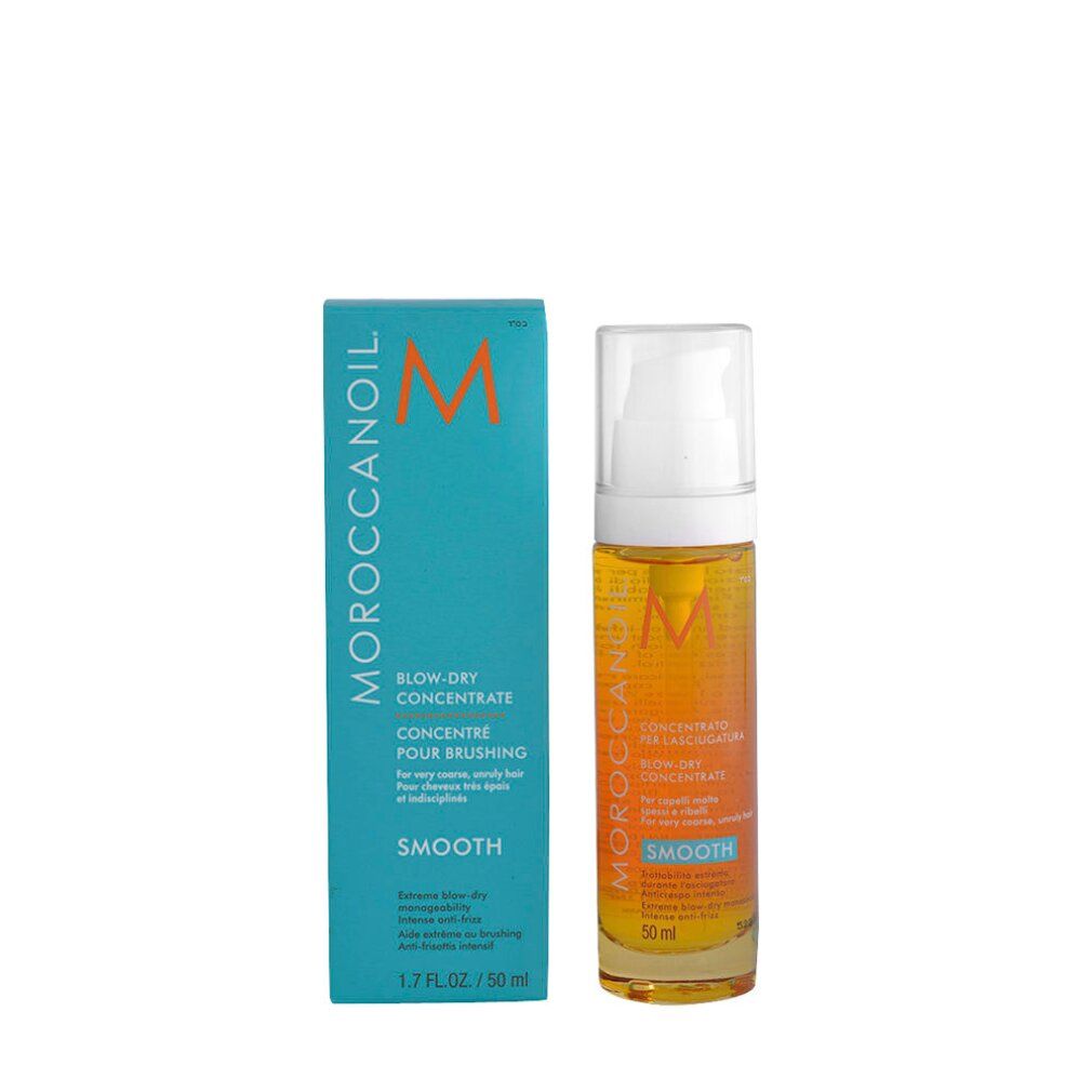 Flasche und Schachtel. Flasche mit gelber Flüssigkeit und Sprühkopf. Aufschrift: Moroccanoil, Blow-Dry Concentrate, Smooth.