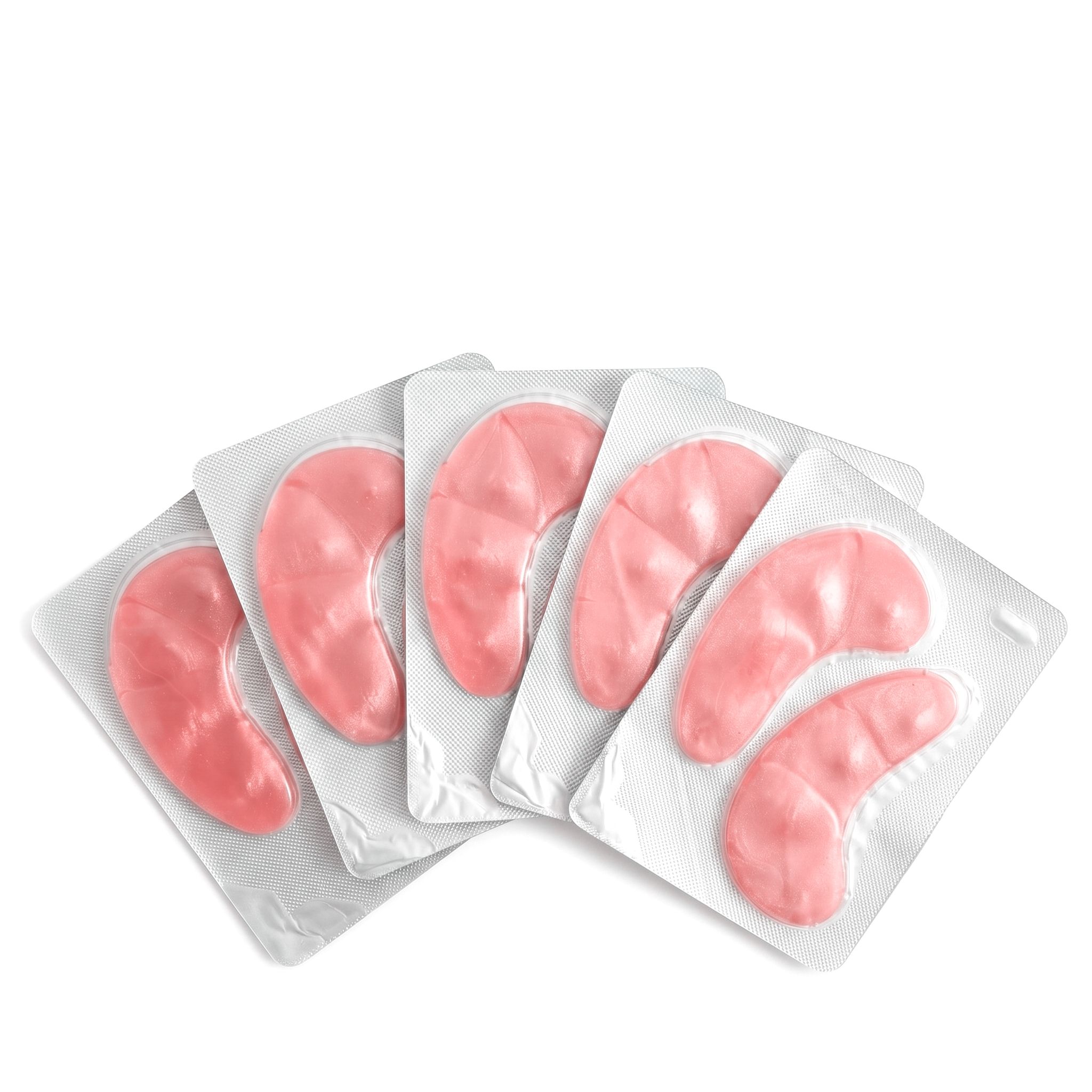 Fünf einzelne Packungen mit rosafarbenen Hydrogel-Augenpads, jeweils zwei Pads.