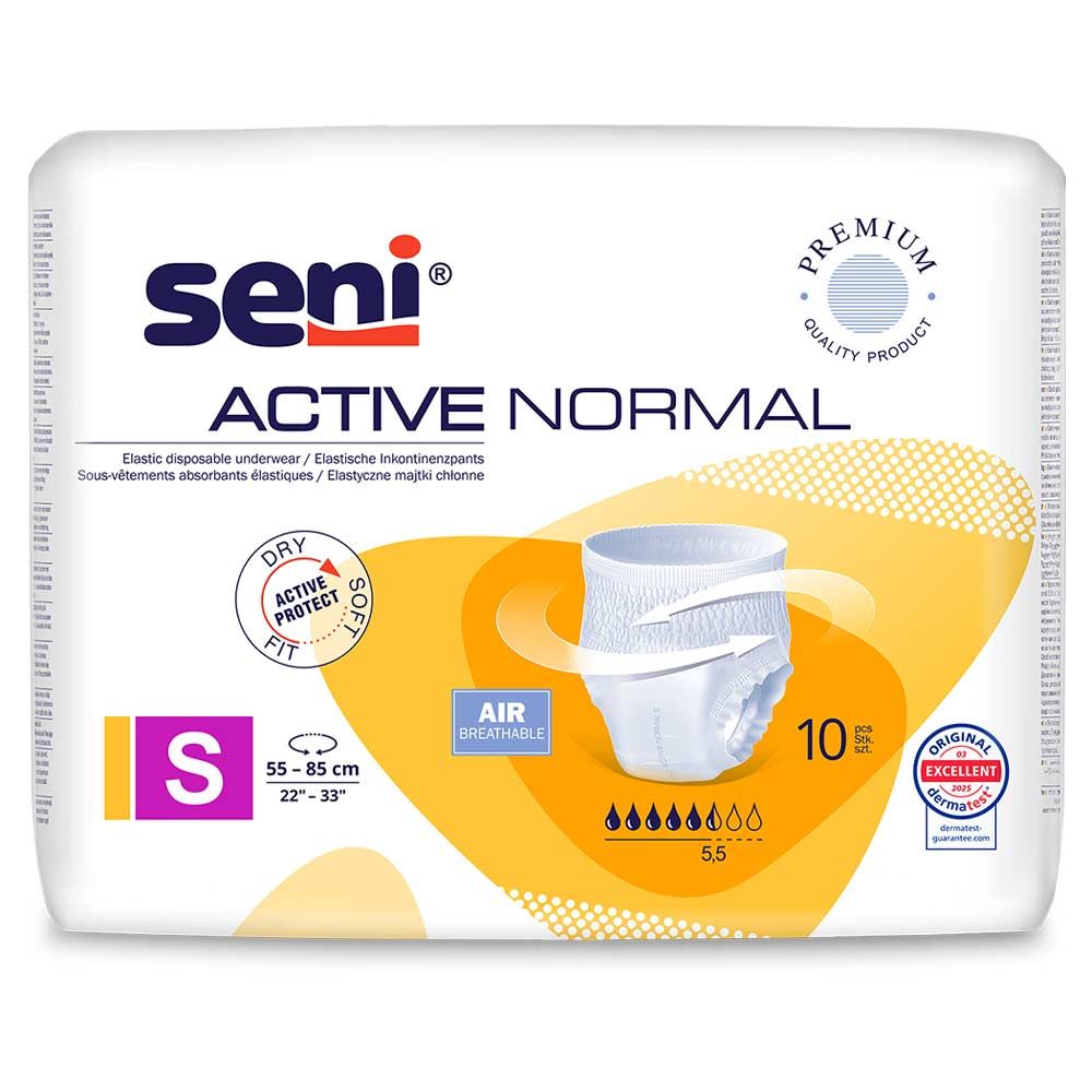Verpackung von Seni ACTIVE NORMAL Inkontinenzpants. Größe S, 10 Stück. Sichtbare Merkmale: Dry Protect Fit, Air Breathable.