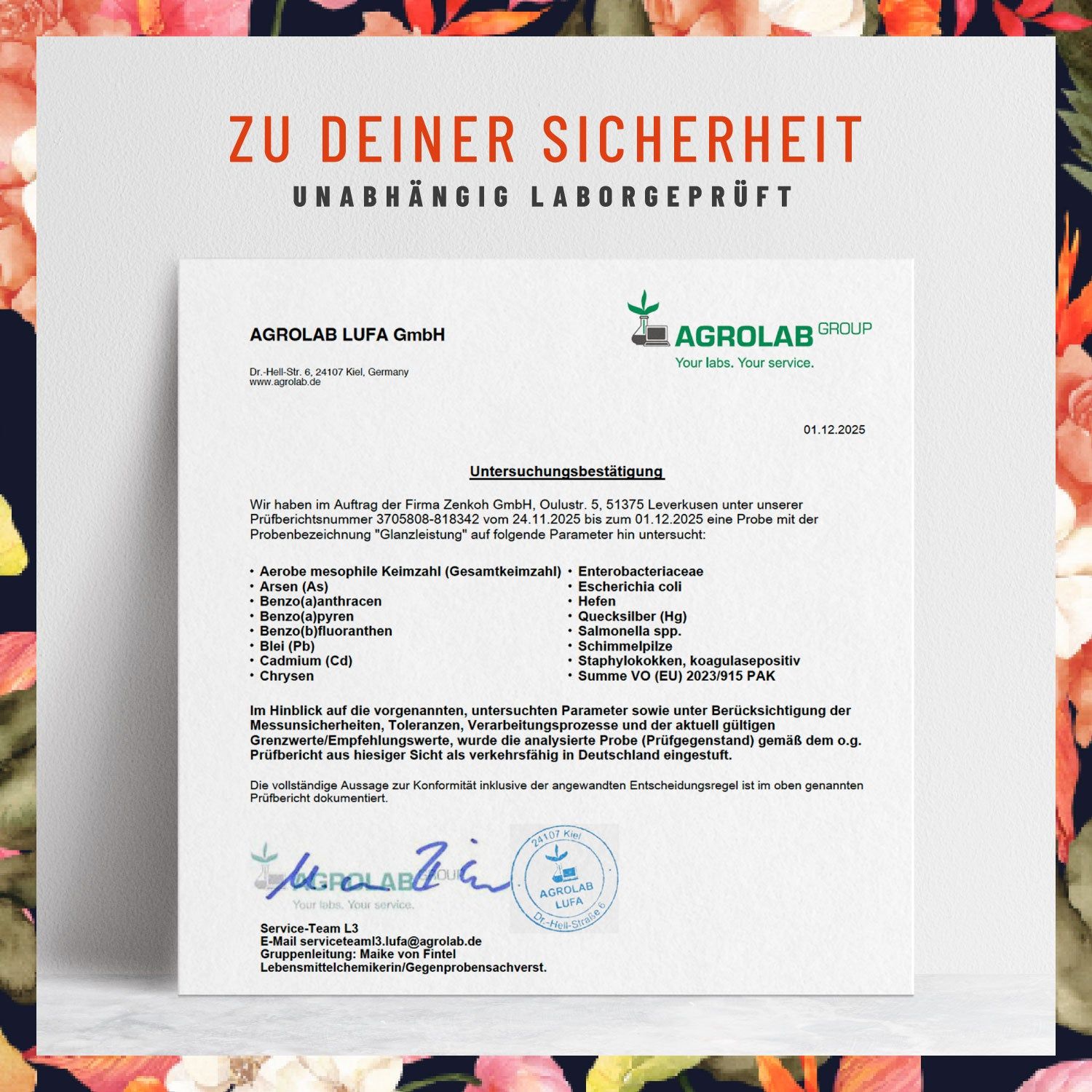 Zertifikat von AGROLAB LUFA GmbH. Text: Unabhängig laborgeprüft. Untersuchungsergebnis für Glanzleistung Coenzym Q10.