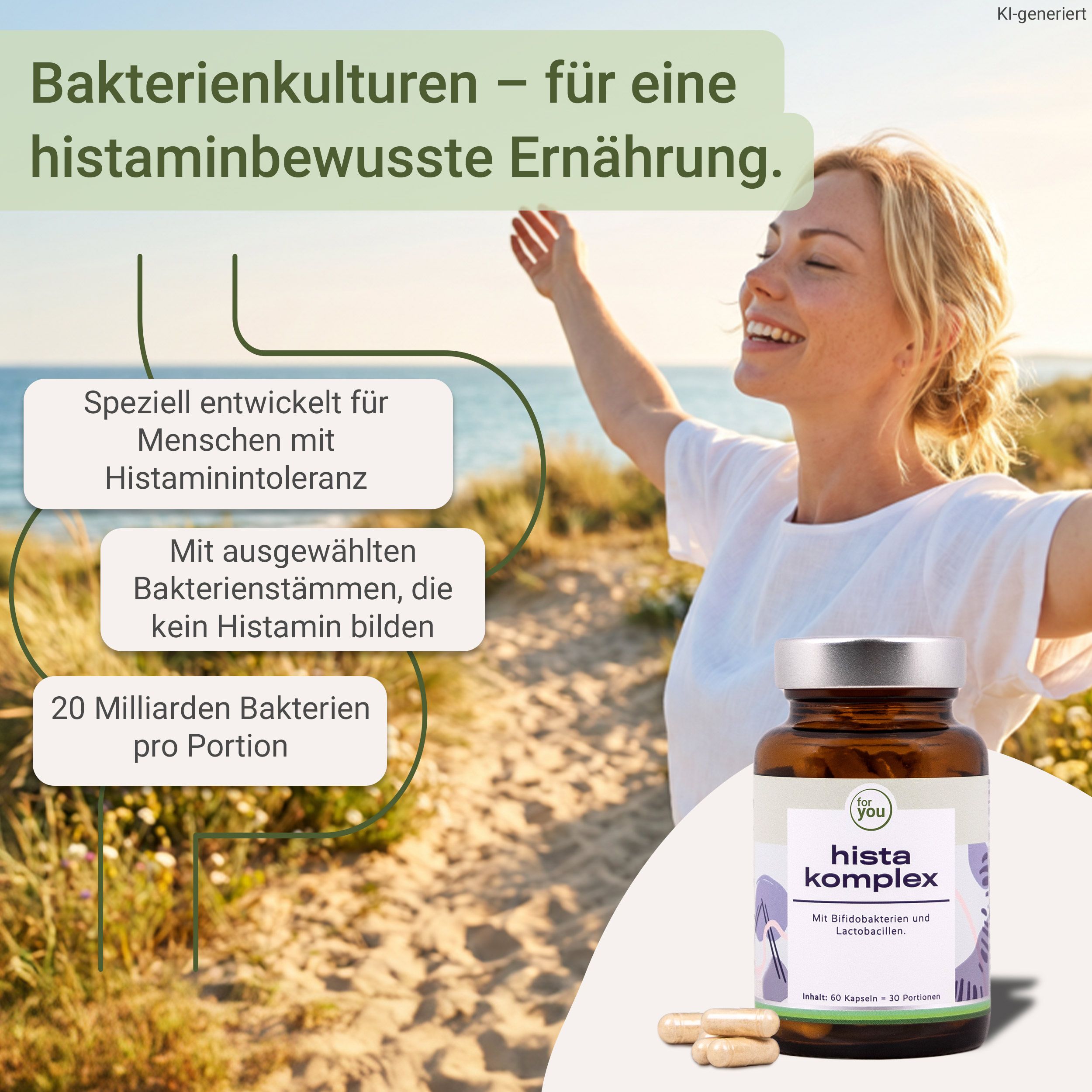Braunglasflasche mit Hista Komplex Kapseln, für histaminbewusste Ernährung.