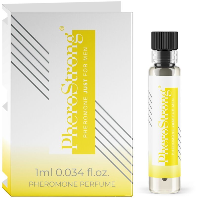 PheroStrong Pheromon Parfum für Männer, 1ml Fläschchen und Verpackung.