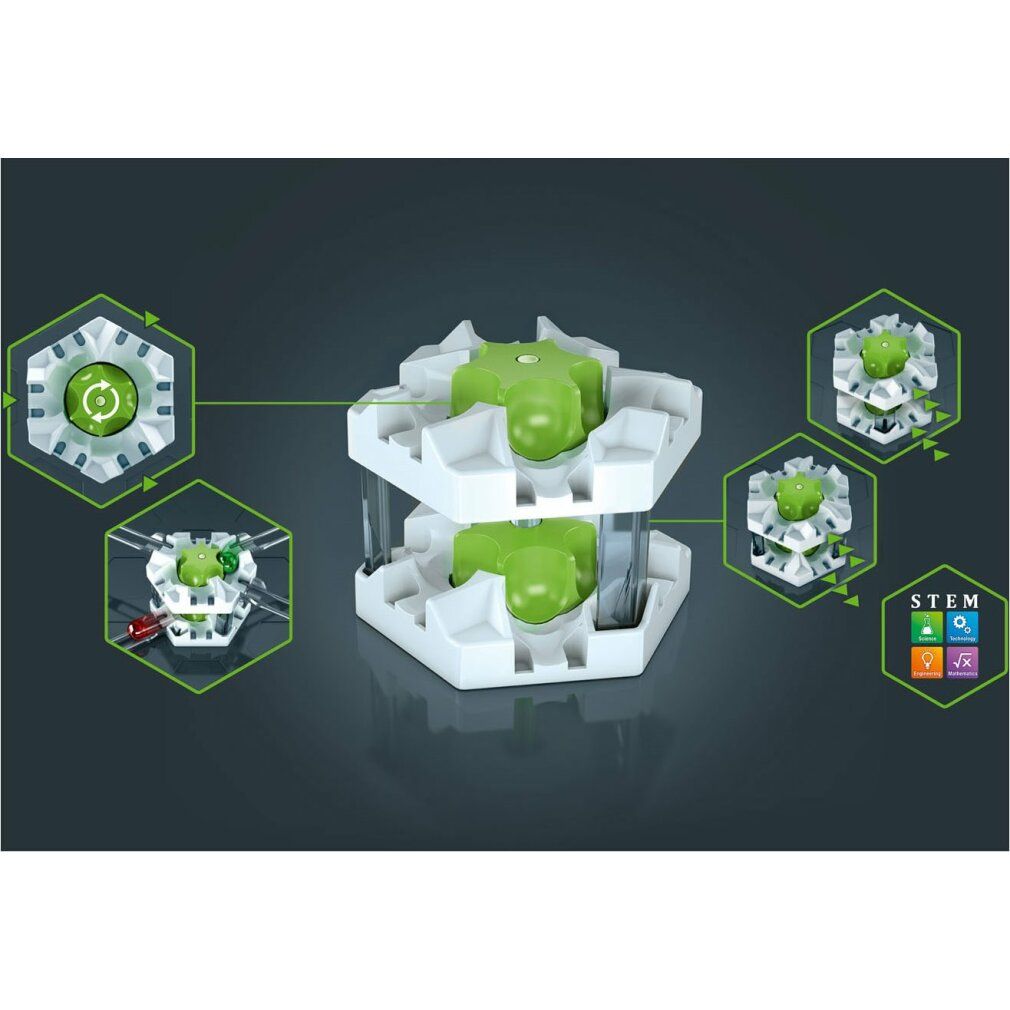 GraviTrax PRO Carousel. Weißes, sechseckiges Element mit grünen Teilen. Grafische Darstellung. STEM-Logo. Hintergrund mit Hexagonen.